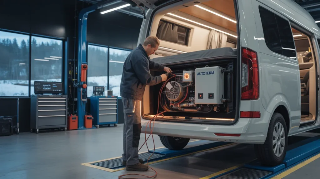 Professionelle Installation einer Autoterm Diesel-Standheizung in einer modernen Kfz-Werkstatt in Wilhelmsburg, Mechaniker arbeitet an einem Campervan für zuverlässige Wärme und Komfor