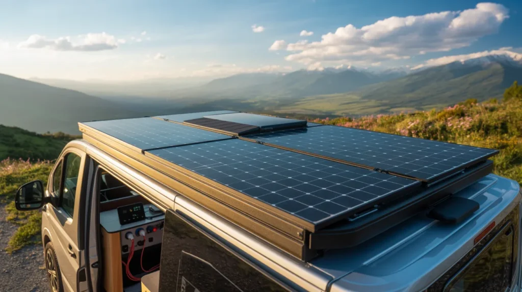 Solaranlage auf einem Campervan, professionell installierte Solarmodule auf dem Dach für autarke und nachhaltige Stromversorgung unterwegs.
