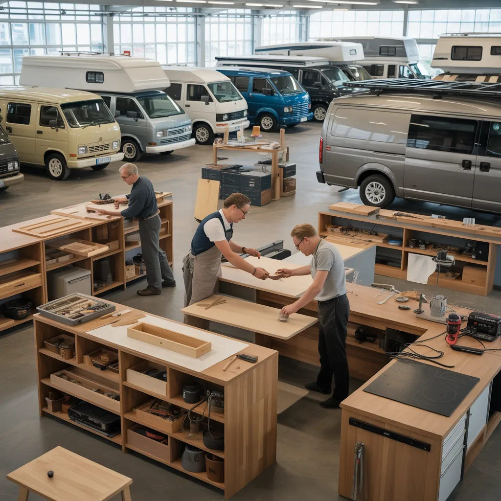 Handwerker fertigen maßgeschneiderte Möbel und Innenausbauten für Camper und Wohnmobile in einer modernen, hellen Werkstatt.