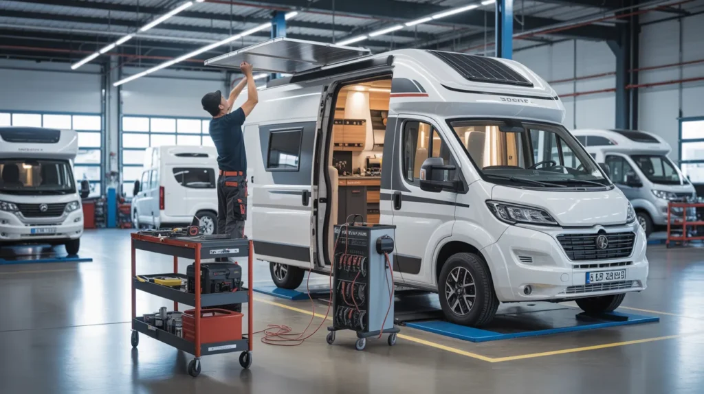 Professionelle Wohnmobil-Reparatur und Upgrade-Arbeiten in einer modernen Werkstatt in Hamburg für mehr Komfort, Sicherheit und Zuverlässigkeit.